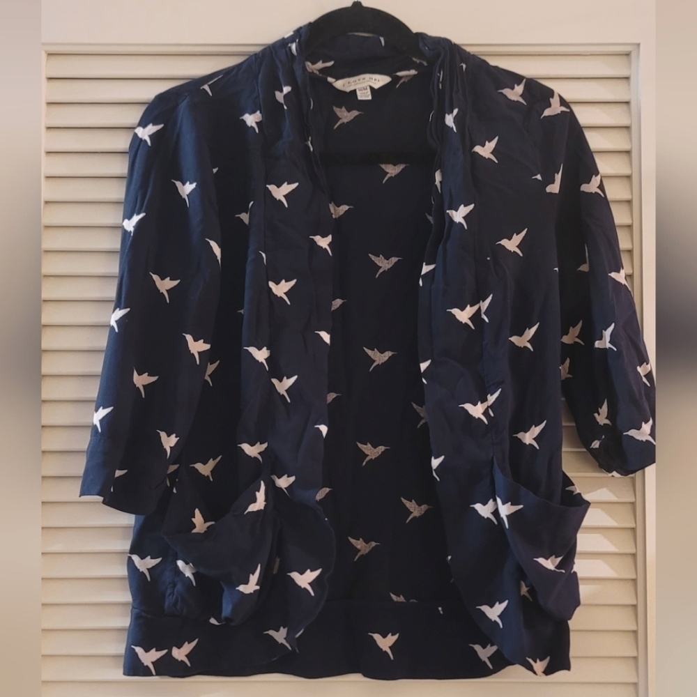 I Love H81 - Lightweight Navy & White Bird Open Jacket Top With Pockets